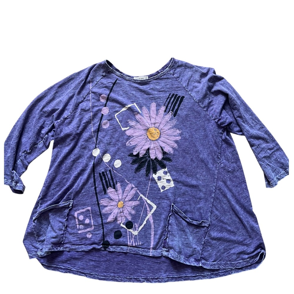 Jess & Jane Womens Tunic 1X Purple Excellent Boho Artsy Floral Lagenlook Top
